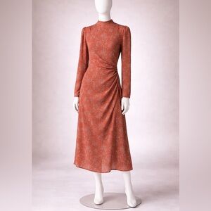 Rust Floral Long Sleeve Midi Dress – High Neck Elegant Day Dress